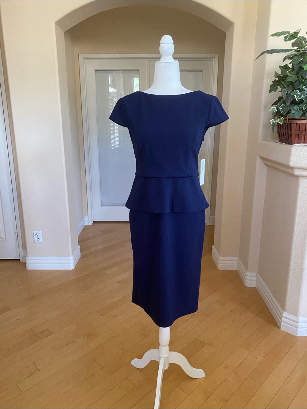 London Times Navy Peplum Midi Dress